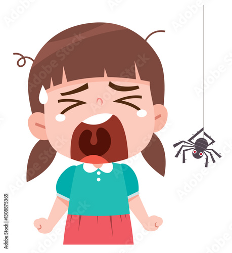 Scared Girl Crying at the Spider. Fearful expression