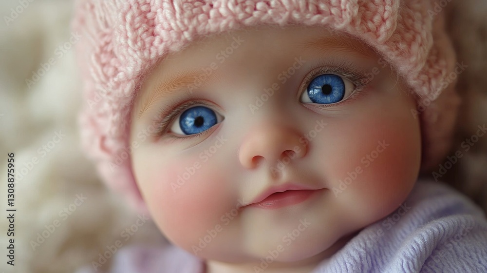 Captivating Blue-Eyed Baby Doll with Pink Knitted Cap - Close-Up Portrait Captivating Blue-Eyed Baby Doll with Pink Knitted Cap - Close-Up Portrait
