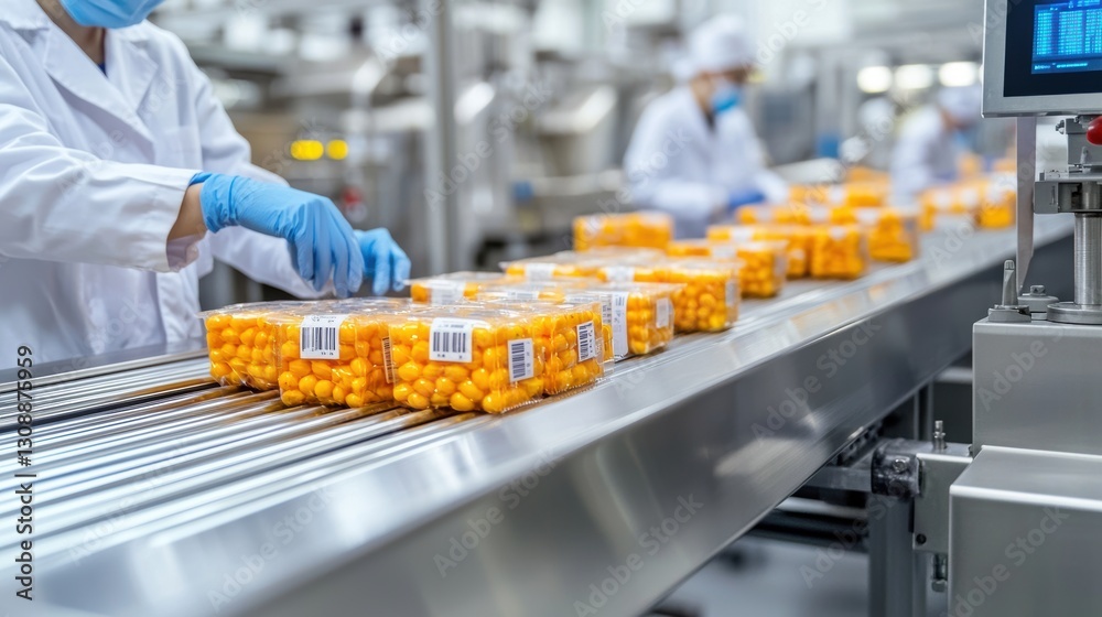 Fototapeta premium Efficient Industrial Food Processing Line with Workers Packing Bright Orange Snacks into Clear Plastic Containers in Modern Factory Setting