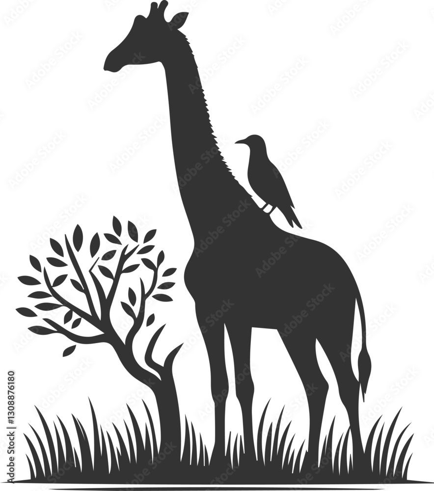 Naklejka premium Giraffe standing still with bird perched on its back vector silhouette