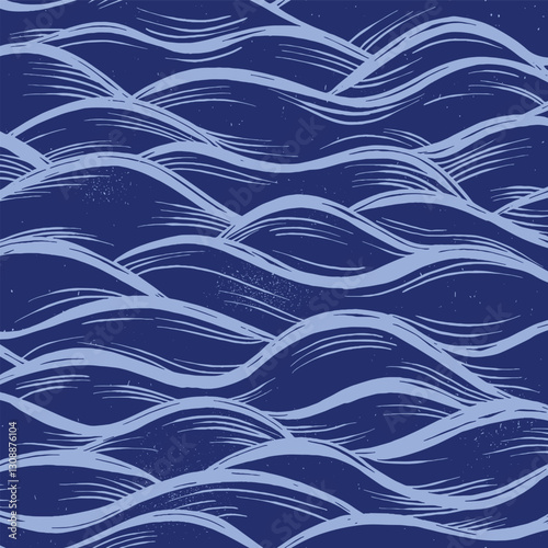 Vector Linocut Abstract Wave Seamless Pattern in Shades of Blues
