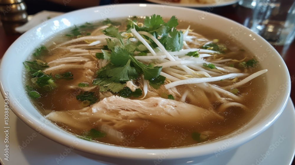 Chicken Pho: Authentic Vietnamese Noodle Soup Bowl with Fresh Garnishes Chicken Pho: Authentic Vietnamese Noodle Soup Bowl with Fresh Garnishes