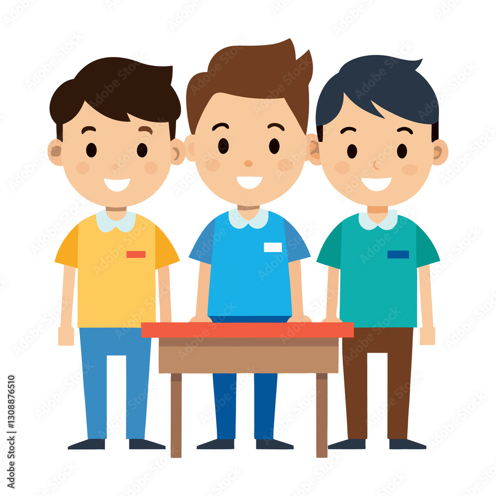 Three school friends front on a desk isolated on transparent background Three school friends front on a desk isolated on transparent background