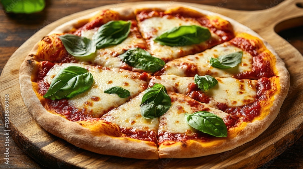 A Delicious Pizza Garnished With Fresh Green Basil Leaves A Delicious Pizza Garnished With Fresh Green Basil Leaves