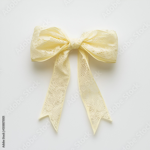 Close-up of a delicate light yellow bow with intricate lace-like pattern on a plain white background.