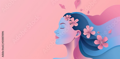 Elegant woman with flowers in her hair on pastel pink and blue background in paper cut style