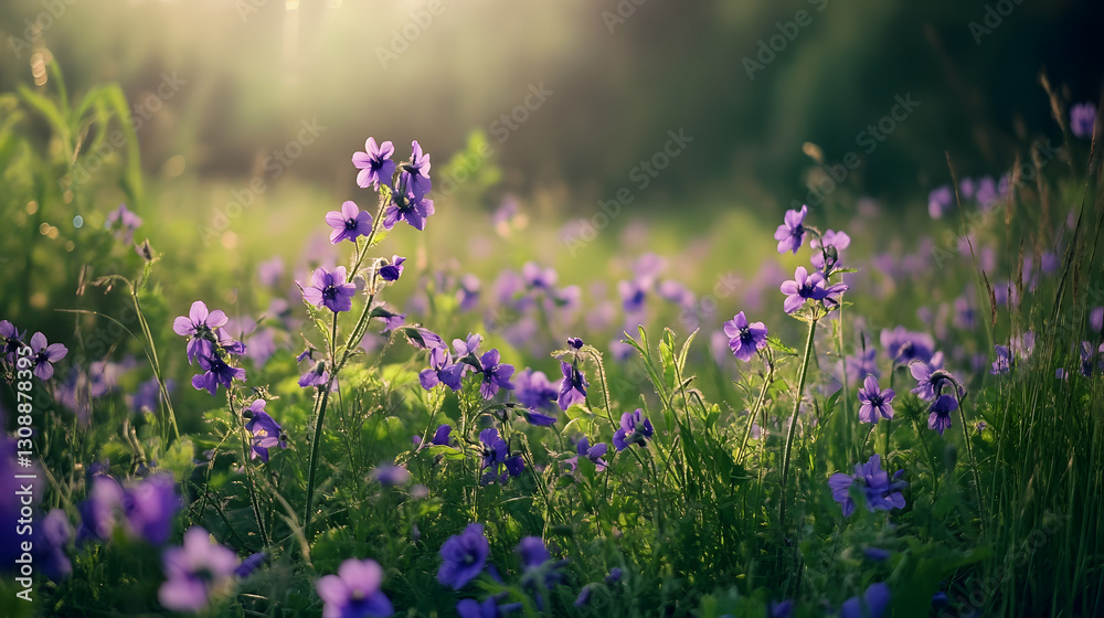 Obraz premium A wildflower-filled meadow with violets standing out among the grasses, their purple petals adding a burst of color.