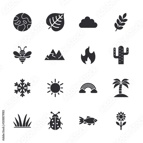A black and white image of a variety of icons including a sun, a leaf, a cloud