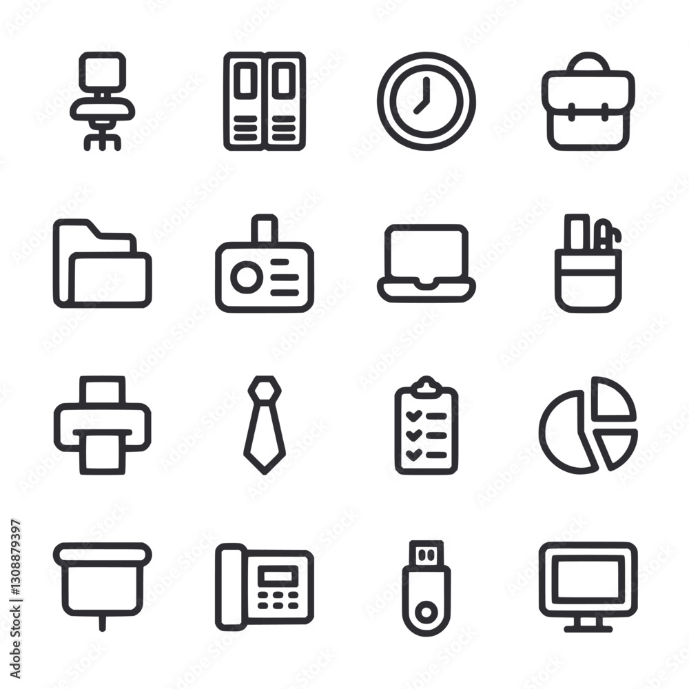 A set of icons for office supplies and equipment A set of icons for office supplies and equipment