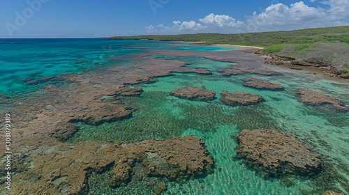 Aerial View of Vibrant Coral Reef in Clear Turquoise Ocean