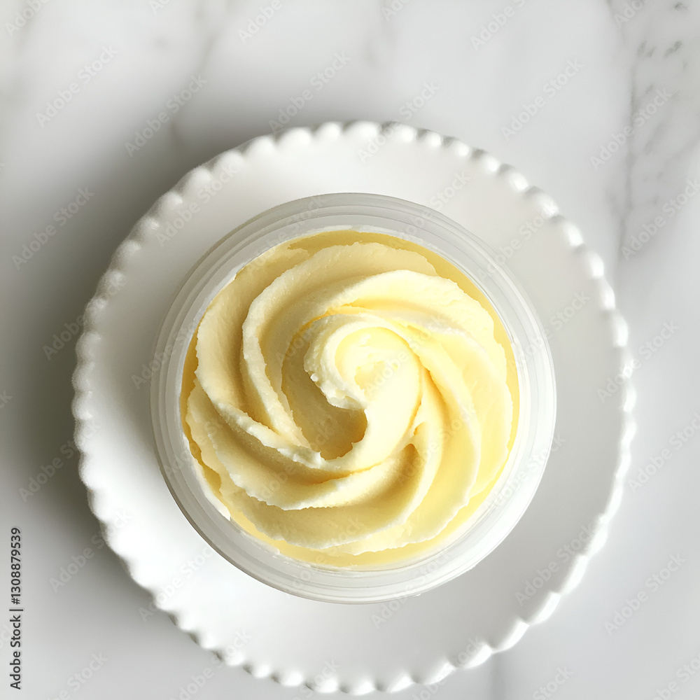 Swirled yellow cream in a jar on white plate. Elegant dessert aesthetic, simple presentation. Swirled yellow cream in a jar on white plate. Elegant dessert aesthetic, simple presentation.