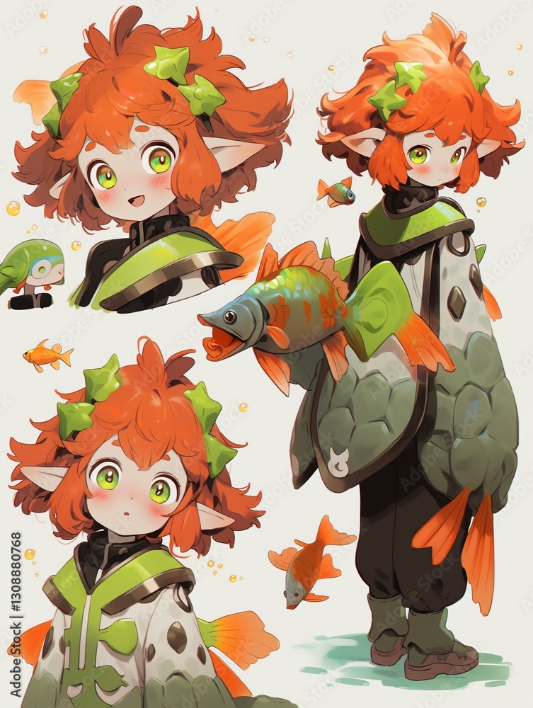 Naklejka premium Orange Haired Character Underwater Scene