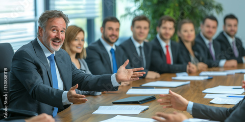 group of business professionals in meeting, with man presenting confidently