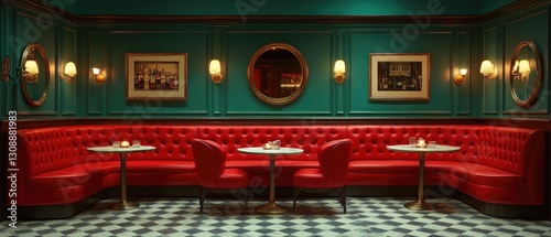 A cozy red booth with a checkered floor and green walls, perfect for a rustic cafe or restaurant interior