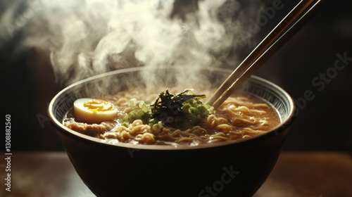 Steaming bowl of ramen noodles with toppings and chopsticks nearby photo