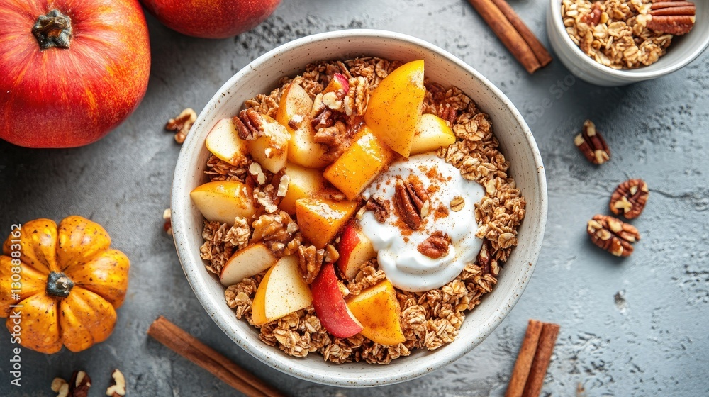 Beautifully plated fall granola bowl with yogurt, caramelized apples, pumpkin, cinnamon sticks, and nuts, set on a textured stone surface. Beautifully plated fall granola bowl with yogurt, caramelized apples, pumpkin, cinnamon sticks, and nuts, set on a textured stone surface.