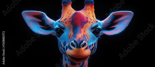 A close-up view of a giraffe's face on a black background