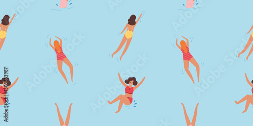 Seamless pattern with swimming young women