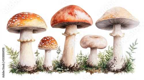 Close-up shot of multiple mushrooms growing on a vibrant green grass