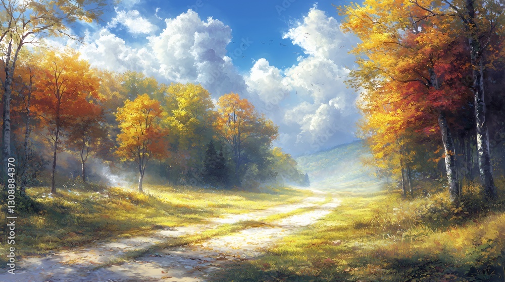 Fototapeta premium Autumn Forest Path Sunlight Landscape