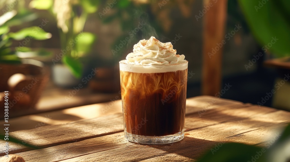 A glass of coffee topped with whipped cream sitting on wood