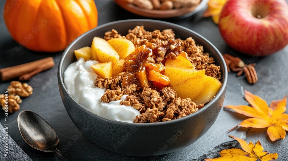 Fototapeta premium Delicious homemade granola bowl with creamy yogurt, caramel apples, pumpkin pieces, walnuts, and cinnamon, placed on a cool stone surface.