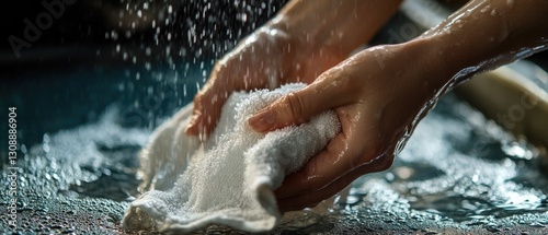 A person washing their hands with a cloth, highlighting personal hygiene and cleanliness practices