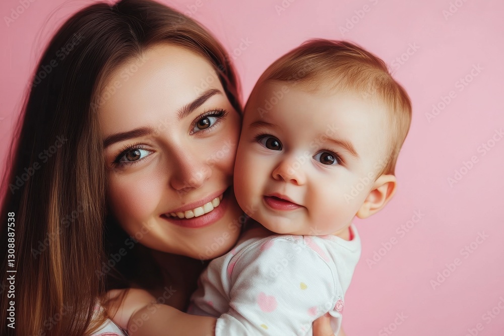 Mother and adorable kid smile joyfully on a soft pink background, capturing pure affection Mother and adorable kid smile joyfully on a soft pink background, capturing pure affection