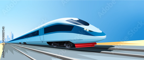 Illustration of high-speed passenger train. Modern fast electric train with blue stripe. The morning express leaves the city. Vector illustration. widescreen