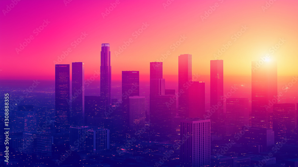 Fototapeta premium City silhouette with skyscrapers and buildings on the horizon - concept background. Abstract city creative horizontal poster. Urban panorama. AI artwork.
