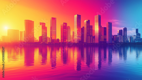 City silhouette with skyscrapers and buildings on the horizon - concept background. Abstract city creative horizontal poster. Urban panorama. AI artwork.