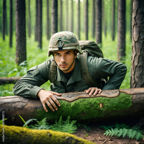 Young Military Man Hides From The Enemy Behind A Log In The Forest In War Terror