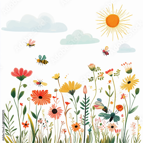 A vibrant illustration of a blooming flower field filled with colorful flowers, bees, and a bright sun, evoking a cheerful mood.