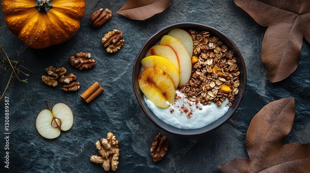 Fototapeta premium Homemade granola breakfast bowl with yogurt, caramelized apples, pumpkin, nuts, and cinnamon, arranged on a textured stone background.