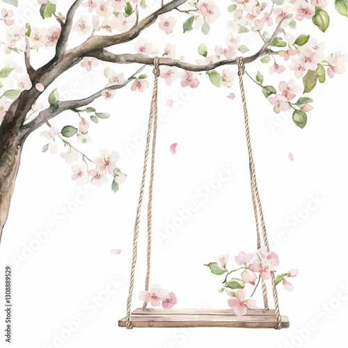 A serene watercolor illustration of a swing hanging from a flowering tree, evoking feelings of tranquility and nostalgia.