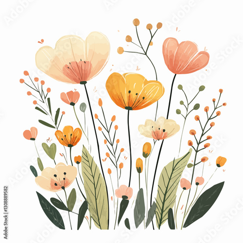 Colorful floral illustration featuring blooming flowers in soft pastel tones.