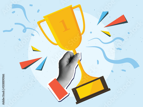 A hand holds golden trophy. Modern photo collage style. Vector illustration