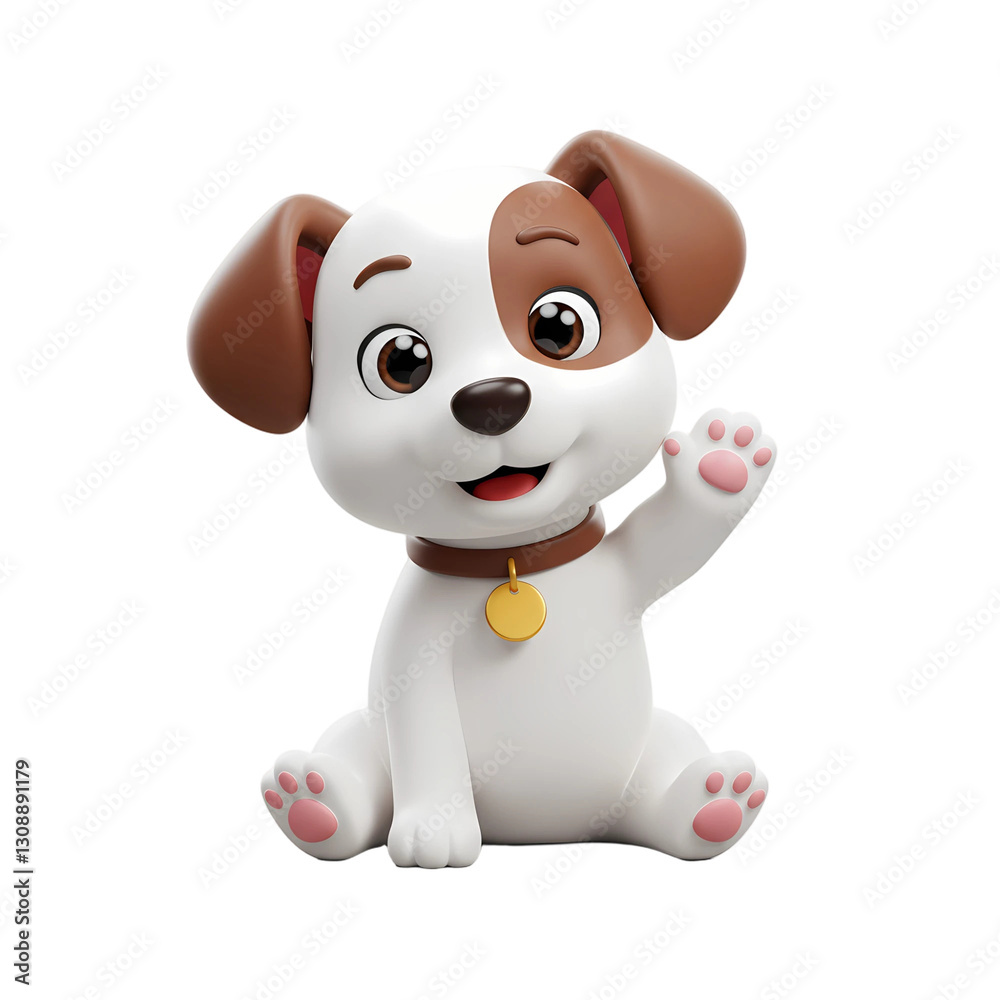 Naklejka premium Cute Happy Puppy Waving – Adorable 3D Cartoon Dog Isolated on Transparent Background, Playful and Fun, PNG format 