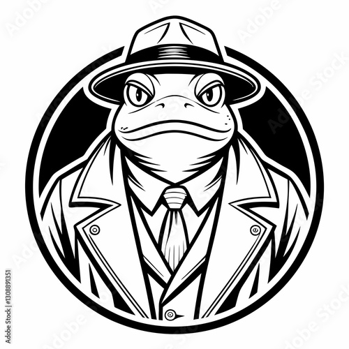 Mysterious Anthropomorphic Frog in Suit and Hat – Bold Noir-Style Illustration for Posters, Banners, and Print Ads photo