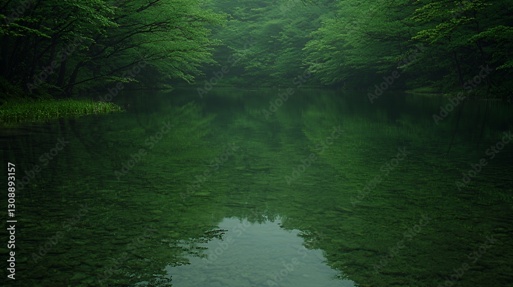Serene Green Lake Reflected in Still Water Surrounded by Lush Forest Serene Green Lake Reflected in Still Water Surrounded by Lush Forest