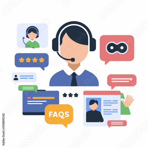 Customer service and support icons with headset, chatbot, FAQs, and live chat