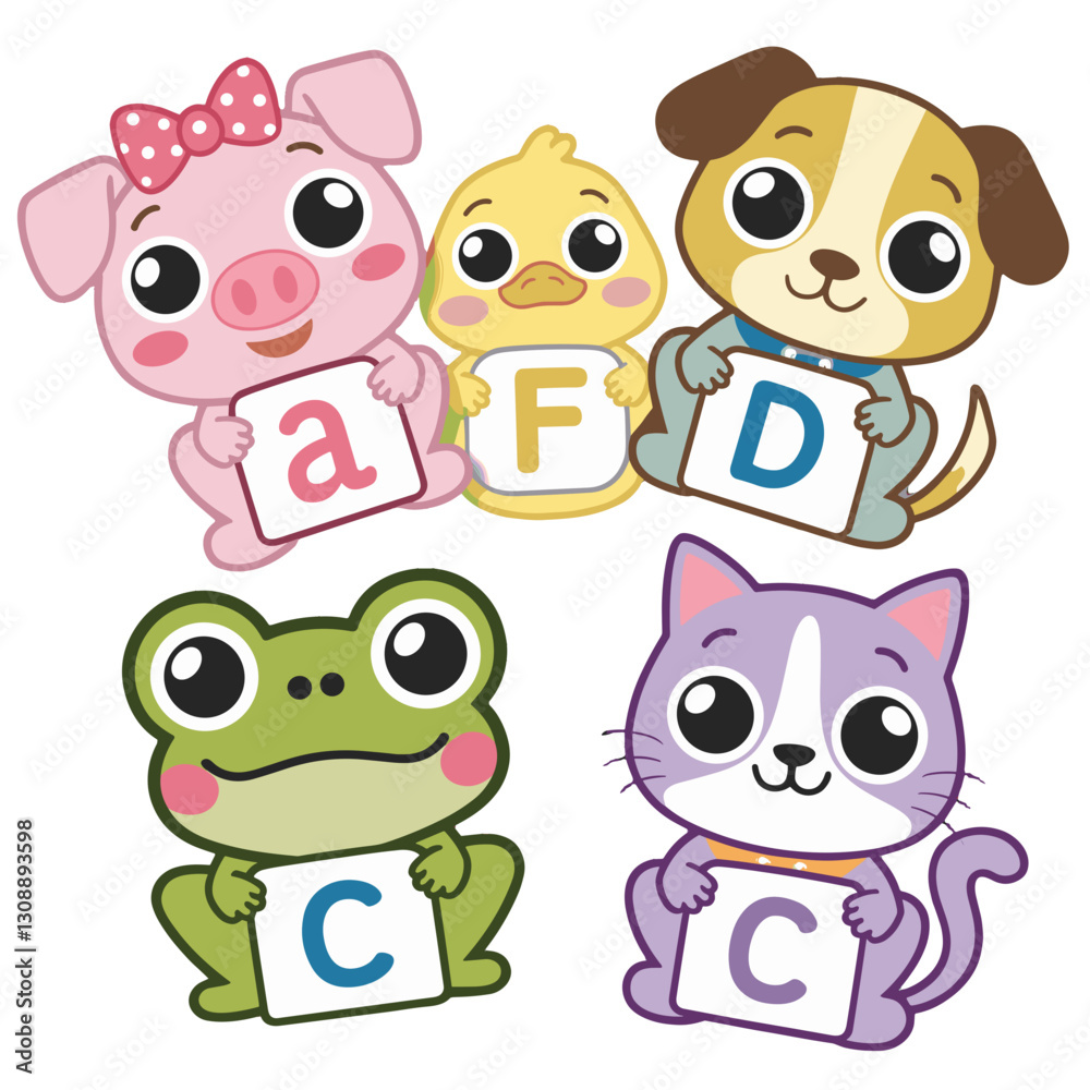 Kawaii vector illustration of cute animal icons on white background, featuring pig with bow, duck, dog, frog, and cat holding alphabet signs Kawaii vector illustration of cute animal icons on white background, featuring pig with bow, duck, dog, frog, and cat holding alphabet signs