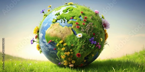 Earth globe made of living grass with lush greenery and vibrant wildflowers surrounding it , botanical, landscape