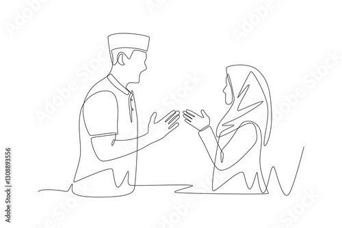 Men and women who forgive each other during Eid. Eid mubarak concept one-line drawing