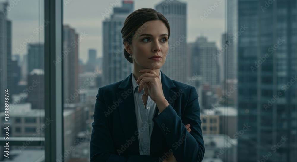 Thoughtful Businesswoman in Modern Office City Skyline View Confident Female Executive Thoughtful Businesswoman in Modern Office City Skyline View Confident Female Executive