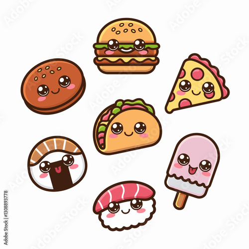 Kawaii food icons in a circular arrangement – Ideal for restaurant branding, food-related merchandise, or menu designs.