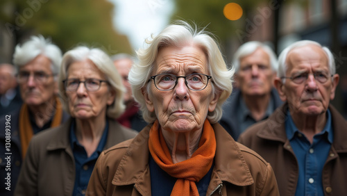 elderly group stands angry faces showing collective dissatisfaction