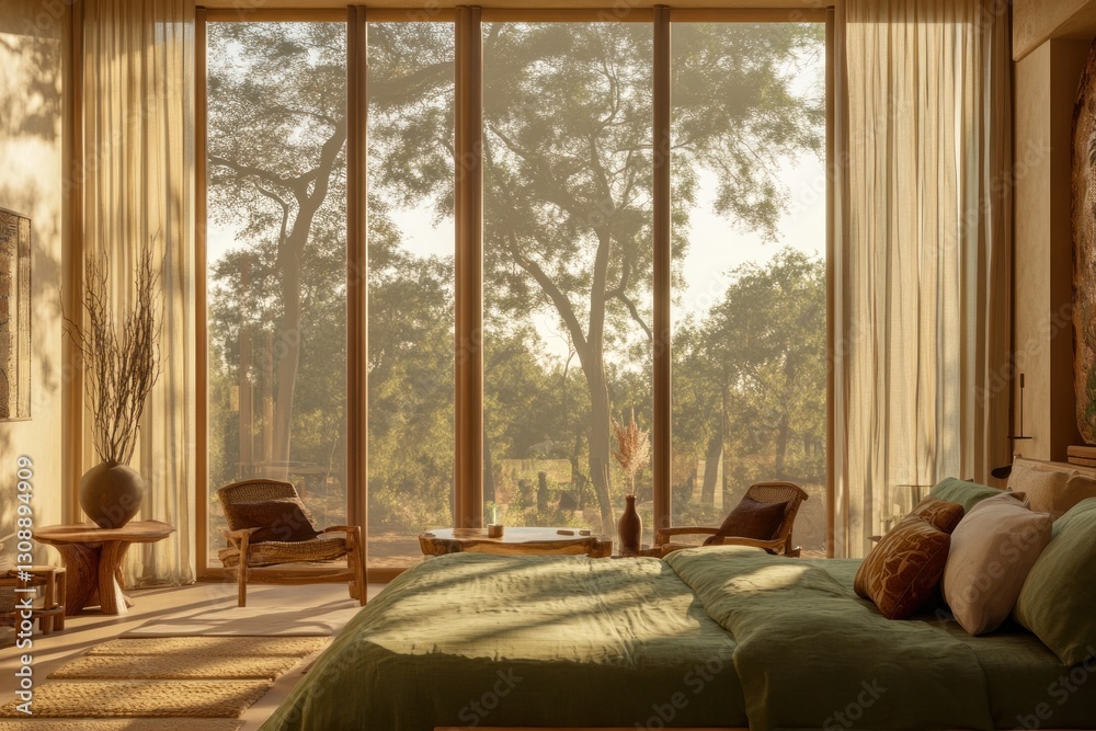 Modern bedroom with large windows offering a view of a lush garden. Modern bedroom with large windows offering a view of a lush garden.