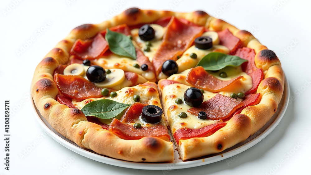 freshly baked pizza topped bacon mushrooms capers olives delicious treat white background