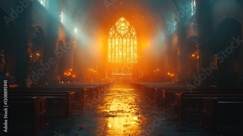 A church interior featuring pews and a beautiful stained glass window